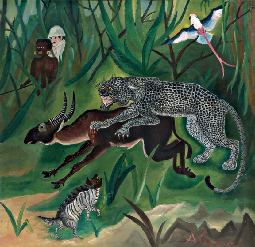 Antonio Ligabue. Caccia Grossa, 1929, Olio su tavola di compensato, 66x64 cm