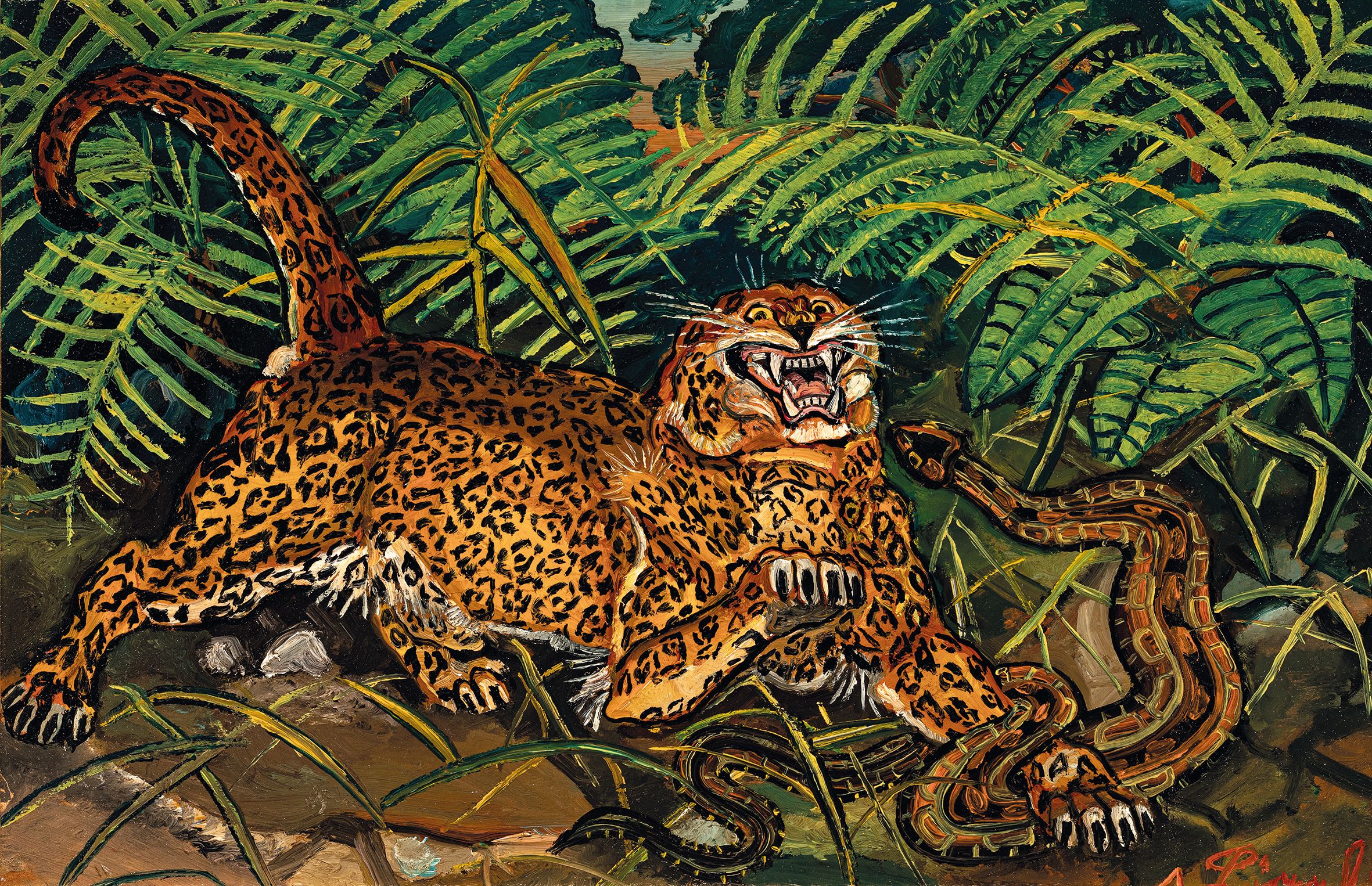 Antonio Ligabue. Leopardo con serpente, 1955, Olio su faesite, 110x75 cm