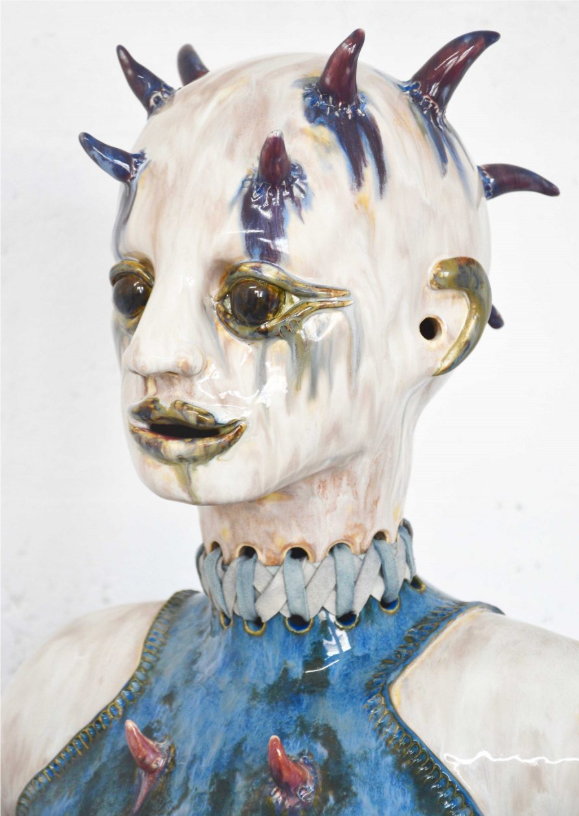 Becky Tucker. The Welcome, 2024, Glazed stoneware, faux suede dyed with indigo, 142x73x35 cm