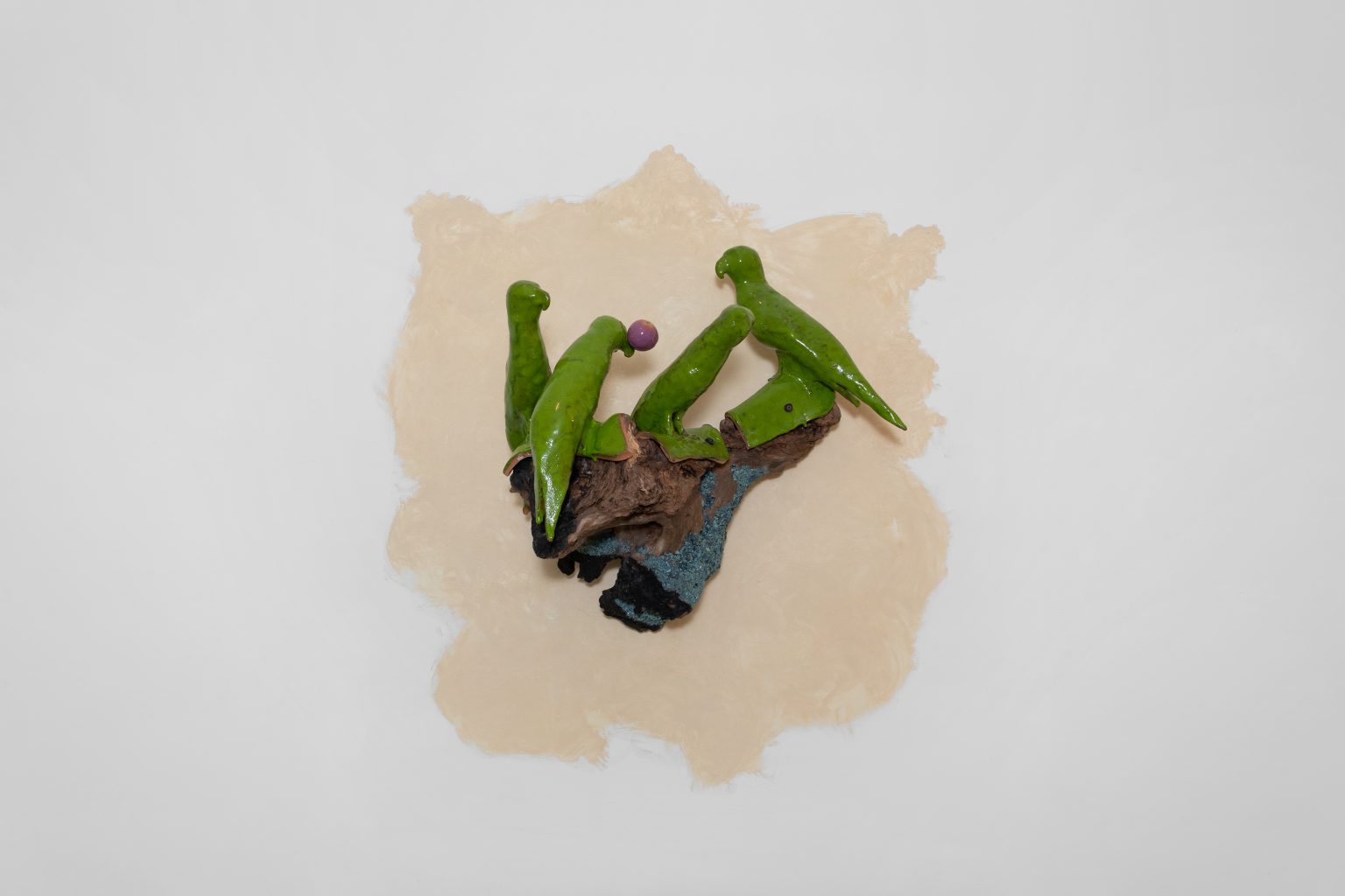 Benedetto Pietromarchi. 42° 25’ 43” N11° 27’ 41” E, 2021, Olive root, iron slag, ceramic, 75x80 cm