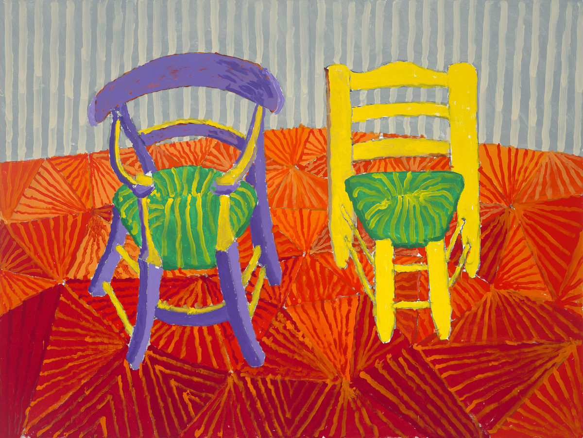 David Hockney. Vincent's Chair and Gauguin's Chair, 2025, Acrylic on canvas 91.4x121.9 cm