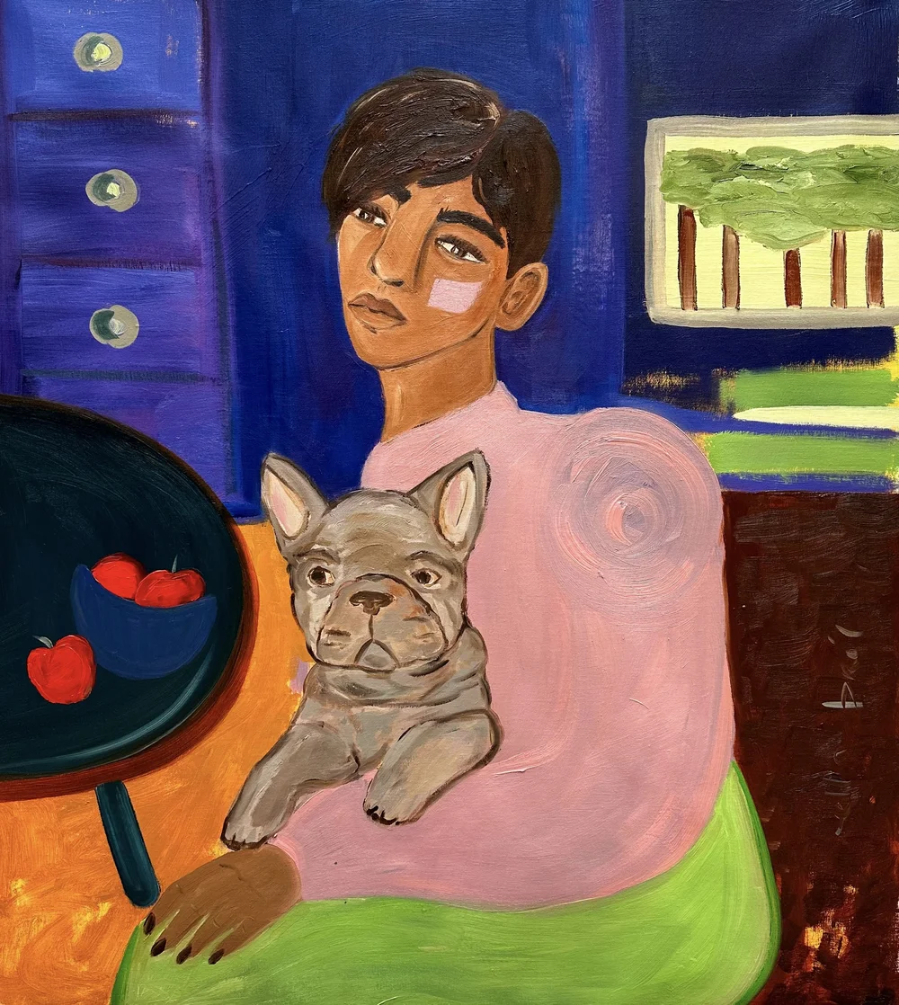 Ella Bril. Polly and the french bull, 2023, Oil on linen canvas, 100x110 cm
