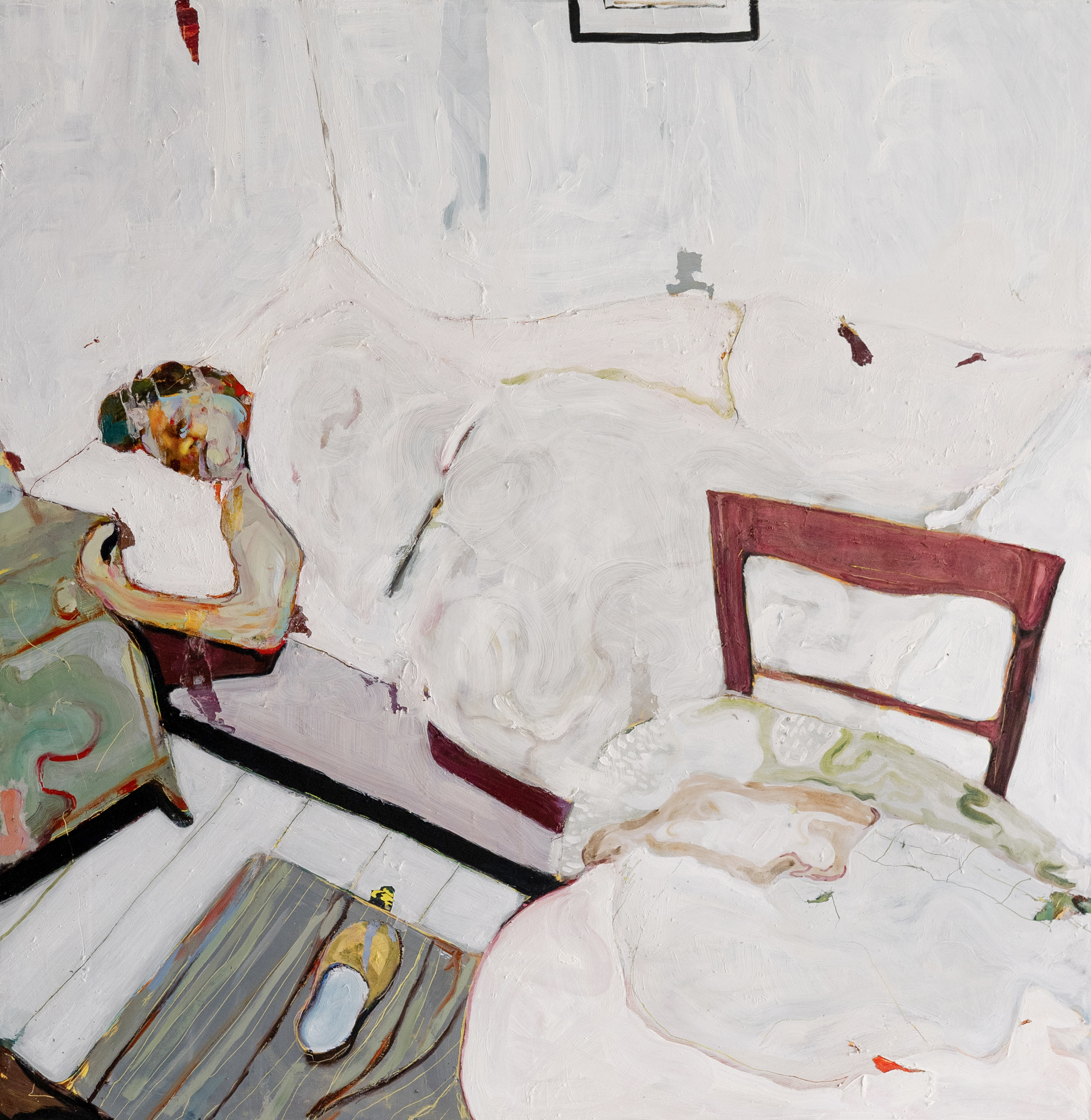 Giuseppe Gallace. I vestiti ancora puliti si mettono sulla sedia, 2024, Tecniche miste su tela, 96x94 cm