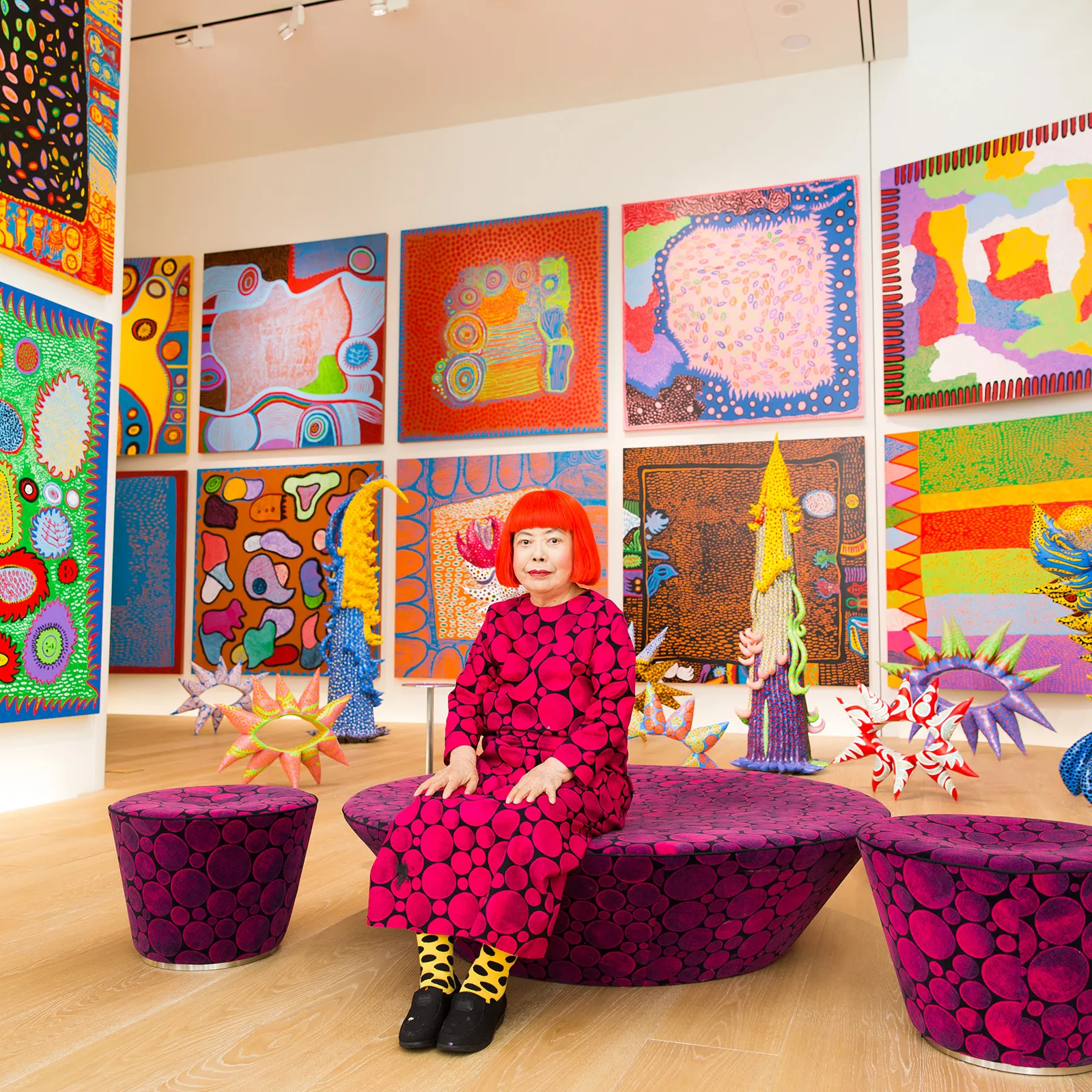 Yayoi Kusama with her works in Tokyo, 2016